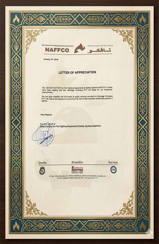 Letter of appreciation presented by NAFFCO Qatar