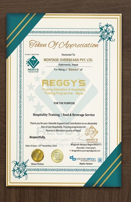 Token of appreciation presented by REGGY’S hospitality training programme
