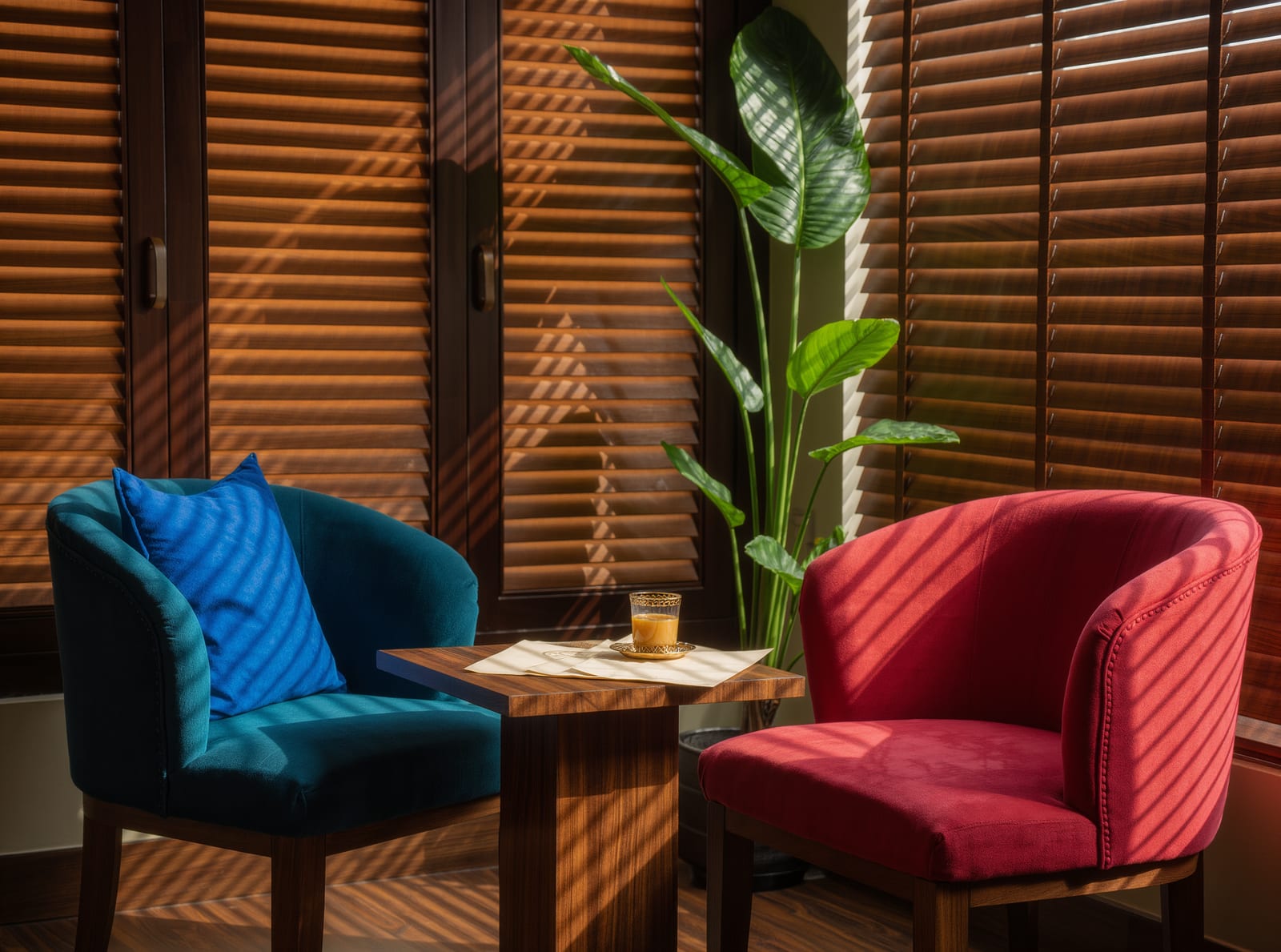 A quiet corner of the Kathmandu office — a teal and a crimson armchair either side of a low table by wooden window blinds, with papers and a glass of tea on the table