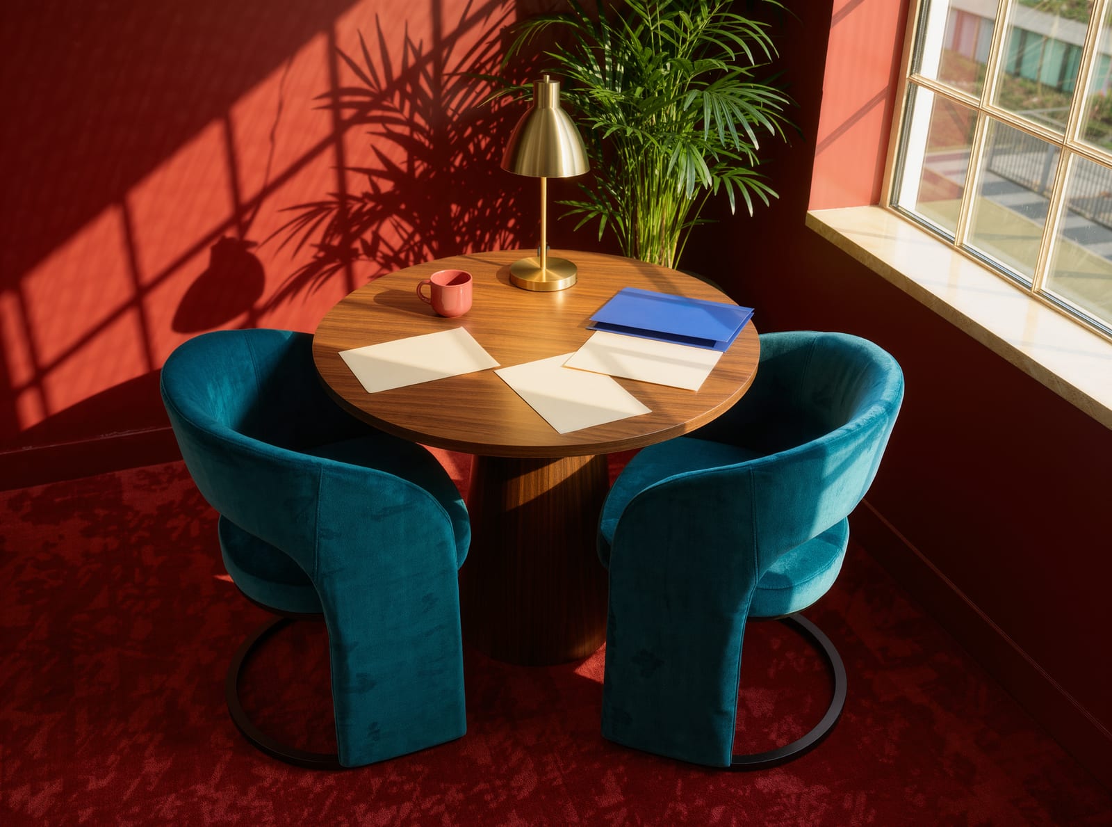 A meeting nook with a round timber table, two teal velvet chairs, a brass lamp and open papers, against a deep red wall