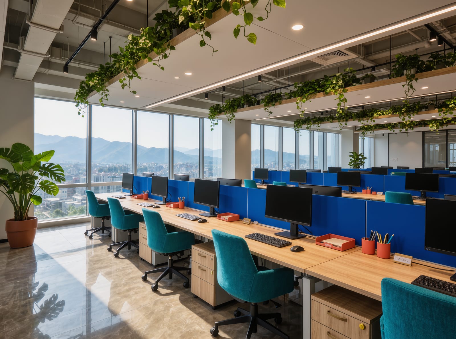 The open-plan Montage Overseas office — a long run of desks with teal chairs and blue monitors, trailing plants overhead and a city view through the window wall