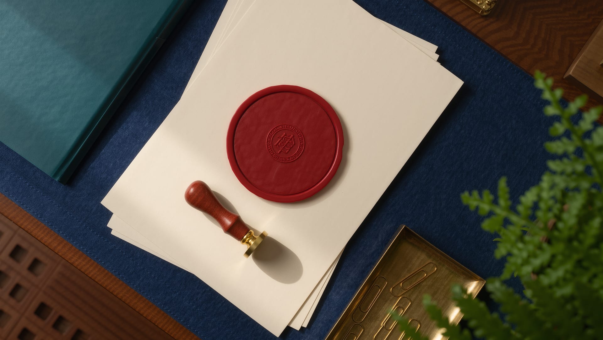 A hand rests on a thick stack of papers in an open document folder, with a rubber stamp, an ink pad, a pen and a pair of spectacles on the desk alongside