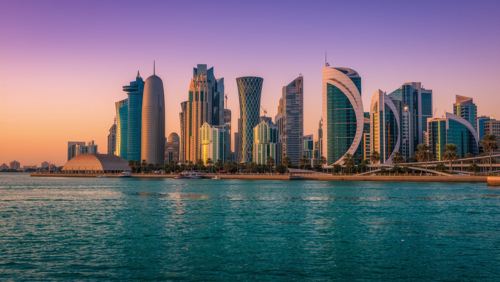 The Dubai waterfront skyline at dusk across the creek