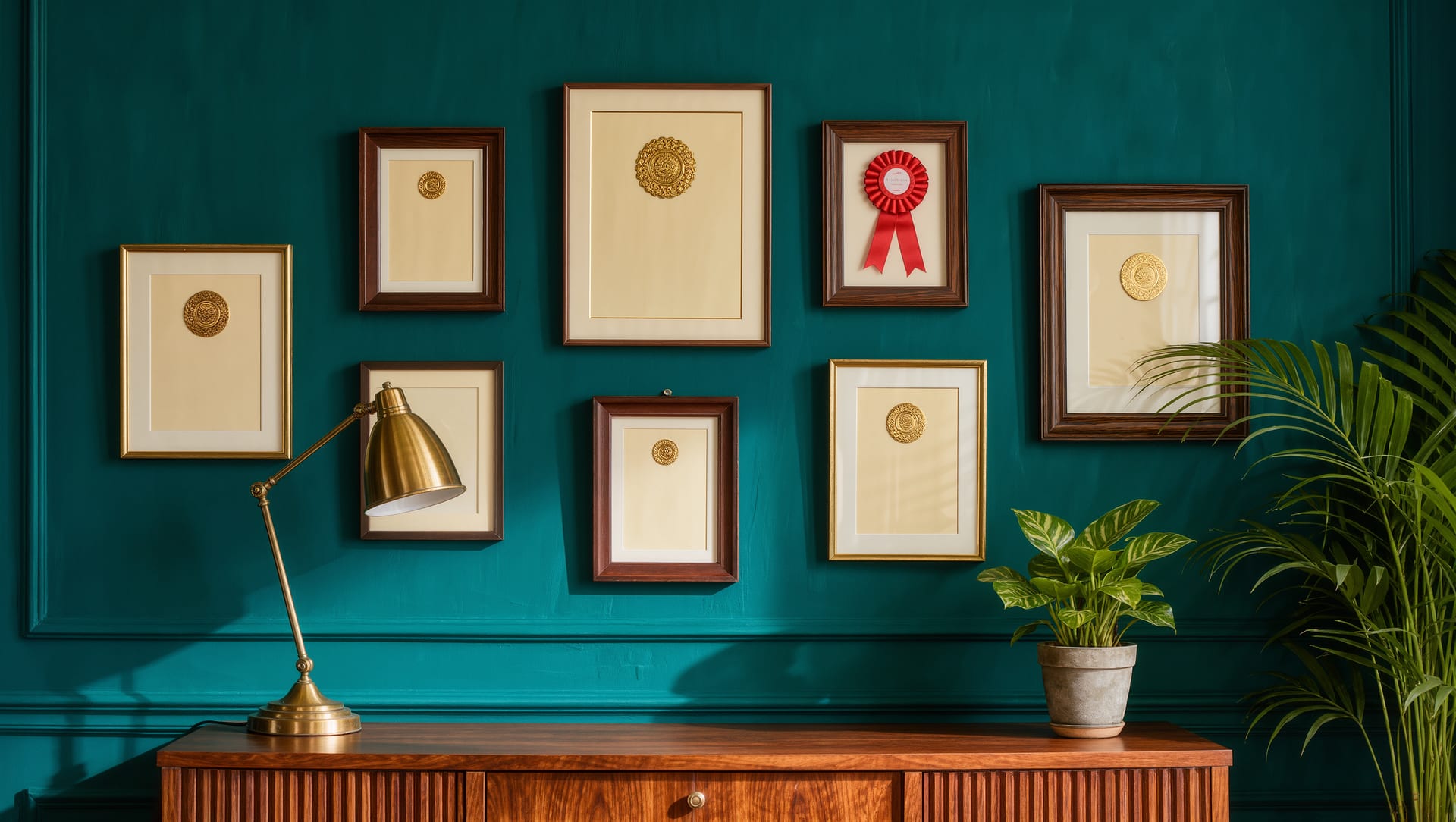 A wall of framed certificates above a timber sideboard with a brass lamp and plants, against a teal wall