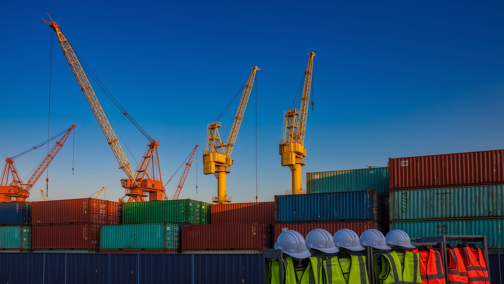 A container port under a clear blue sky — stacked shipping containers and gantry cranes, with a row of hard hats and high-visibility vests on a rail in the foreground