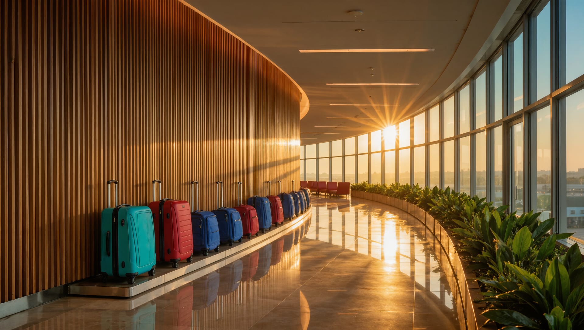 An arrivals walkway with a curved timber wall and a line of suitcases along the bench, low sun through the glazing