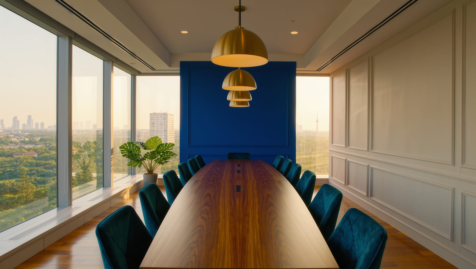 A boardroom with a long timber table and teal chairs, a cobalt blue end wall and brass pendant lamps above