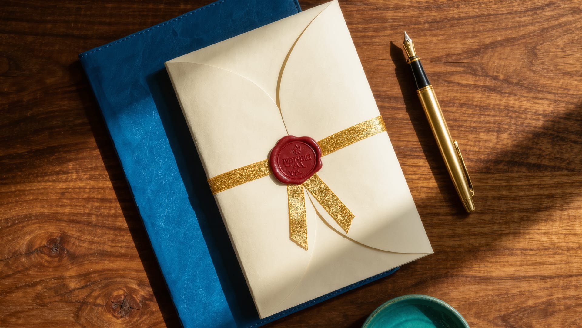 A sealed cream envelope with a red wax seal and a gold ribbon, resting on a blue folder on a timber desk beside a fountain pen