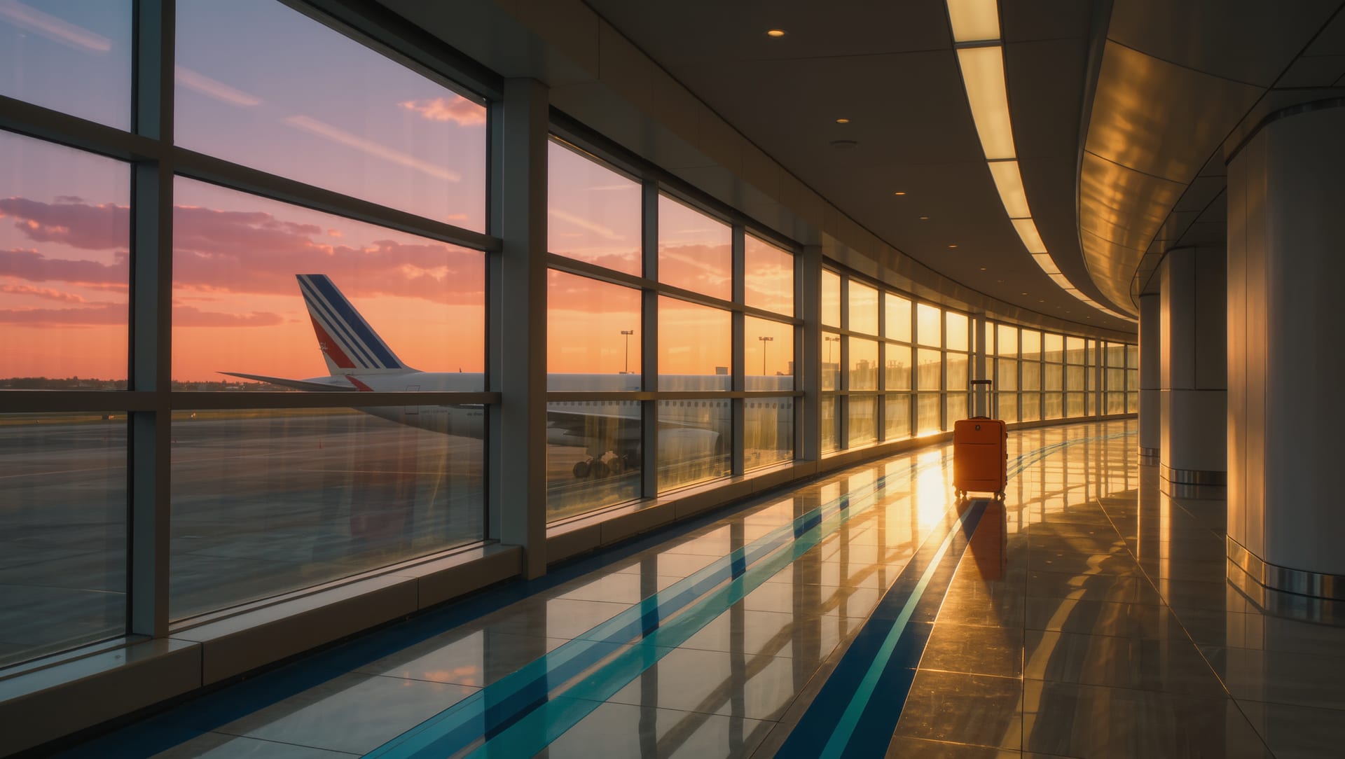 An airport pier at sunrise — a long glazed walkway with a teal floor stripe, an aircraft wing visible outside