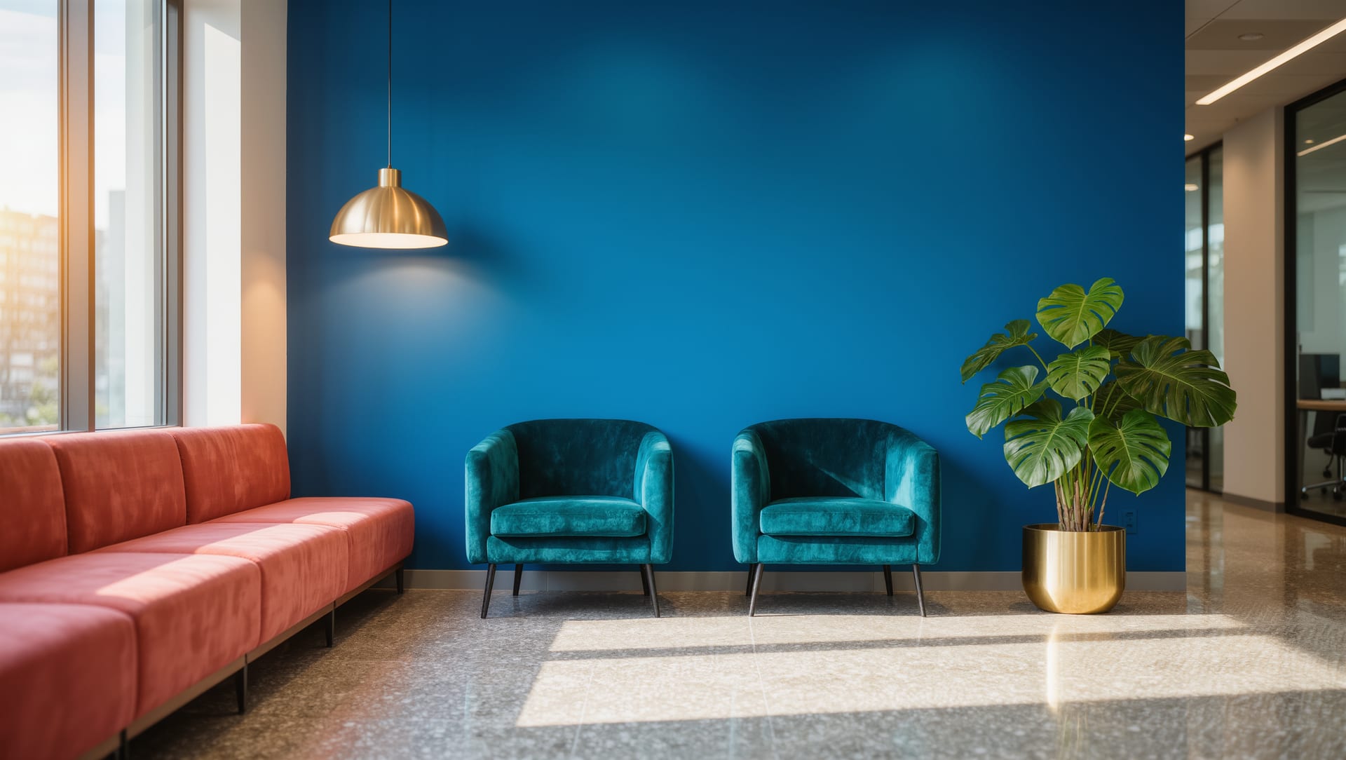An office waiting area — a coral bench and two teal armchairs against a plain cobalt wall, with a brass pendant lamp and a potted plant