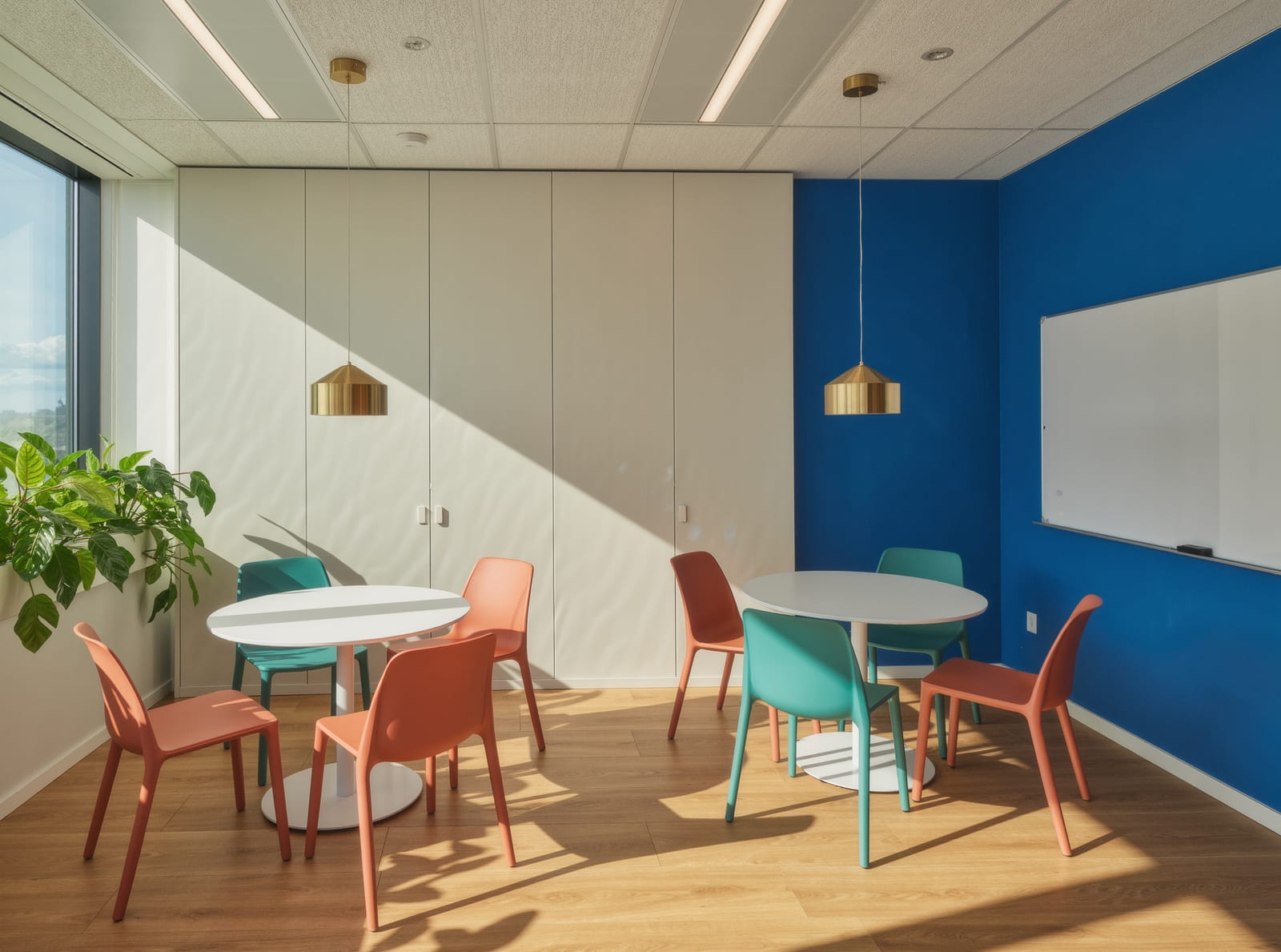 A bright training room with a cobalt blue accent wall, a whiteboard and a round table ringed with coral and teal chairs
