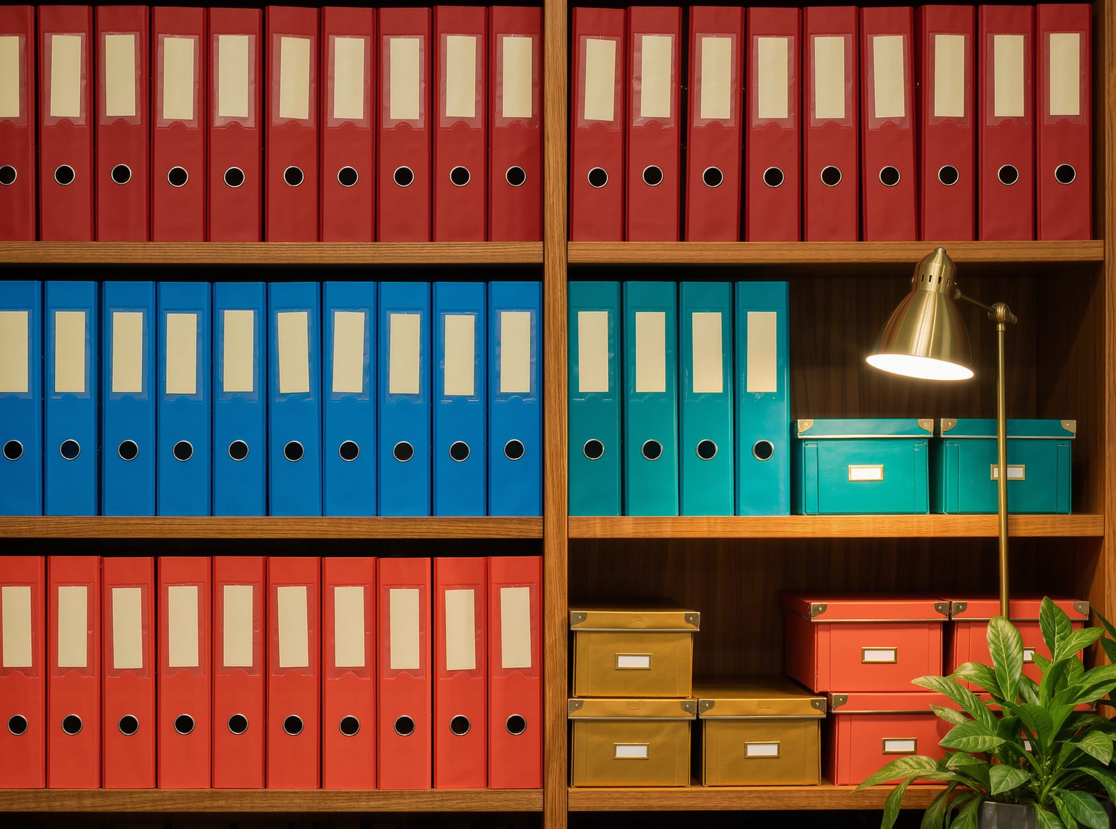 Shelves of red, blue and teal ring binders and archive boxes beside a brass desk lamp