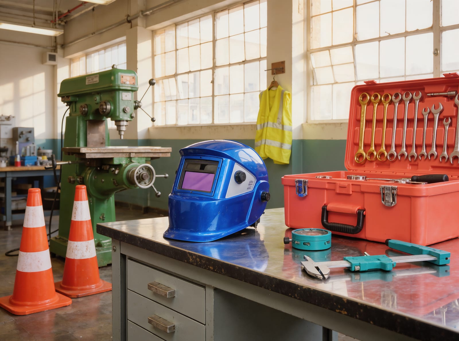 A workshop bench laid with a blue welding helmet, a red tool box, a rack of spanners and safety cones, in front of a milling machine and tall windows