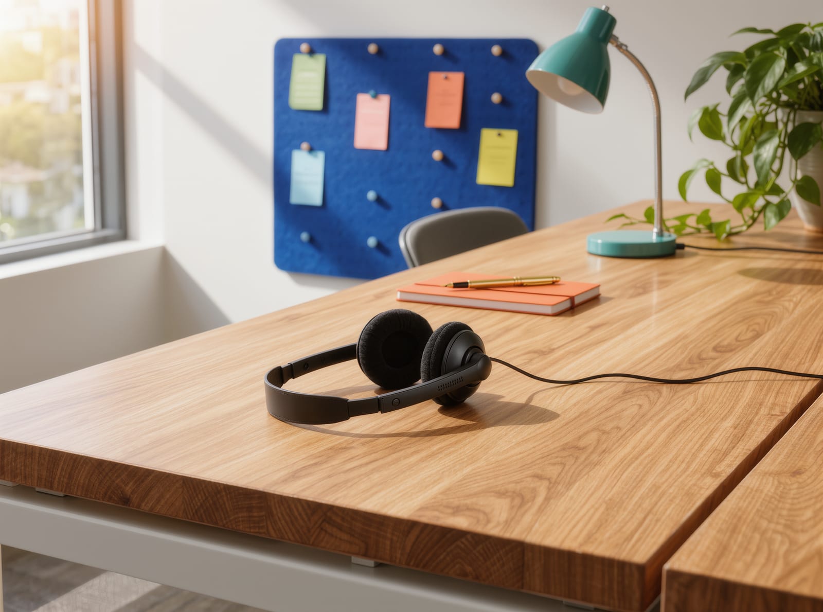 A desk by a window with headphones, a notepad and a teal lamp in front of a cobalt pinboard of coloured notes
